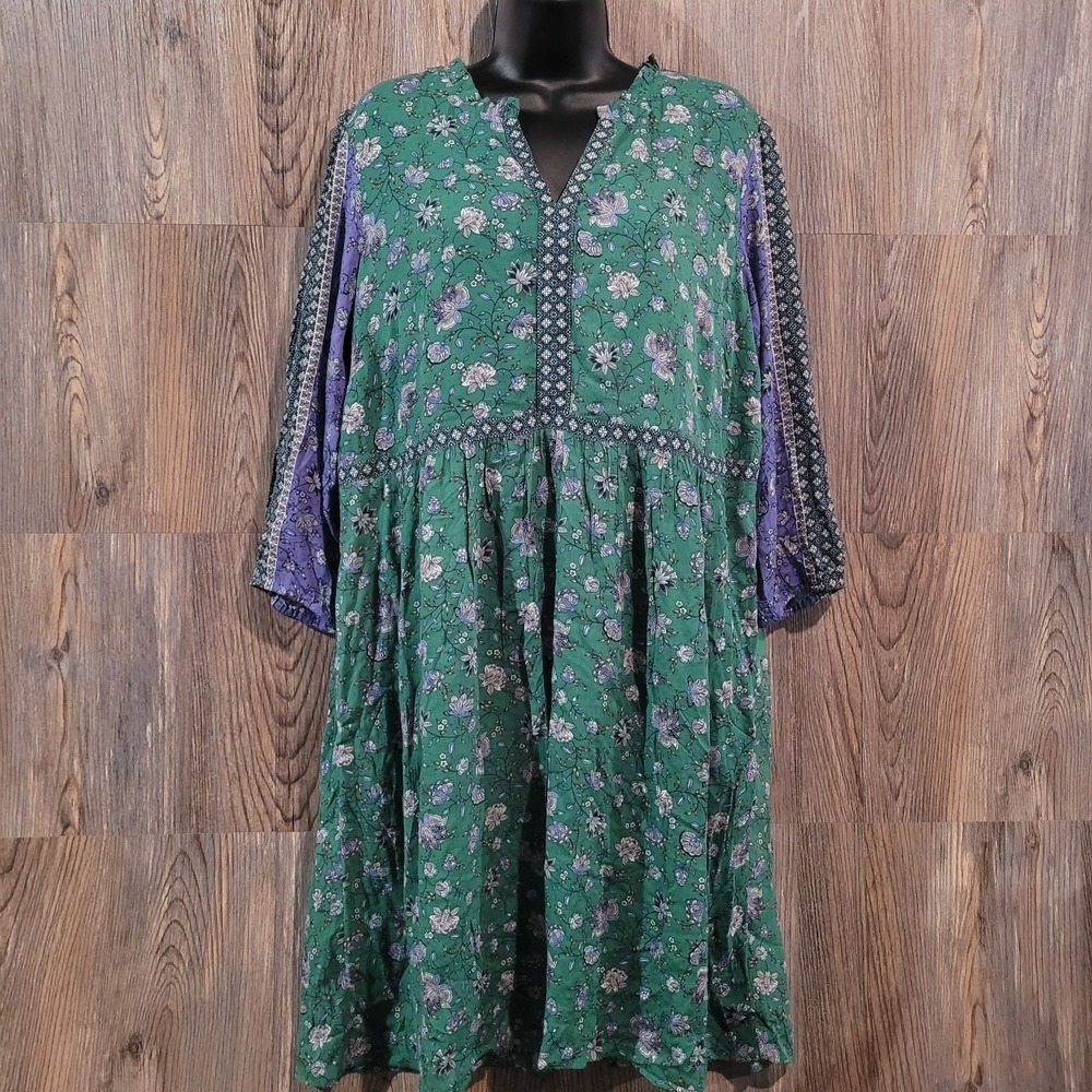 J Jill Lightweight Boho Dress Size M Green Mixed Floral Ruffle V-Neck 3/4 Sleeve
